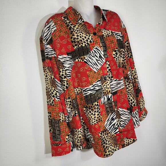 Vtg S.G. Sport Collection Womens Shirt Large Animal Print Patchwork Red Button - Picture 4 of 11